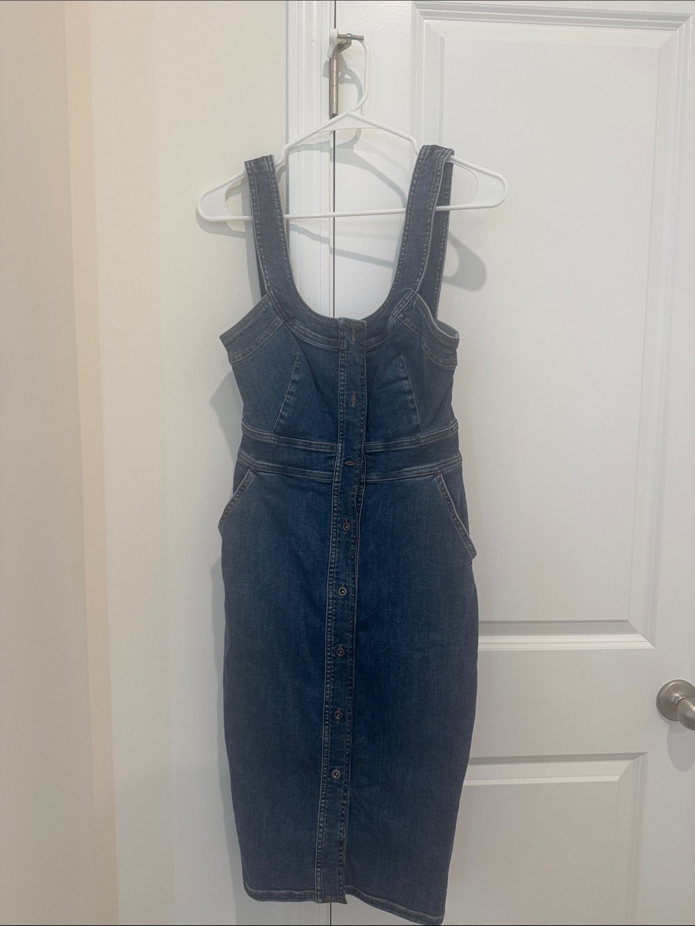Sleeveless Dark Blue Denim Button-Front Midi Dress